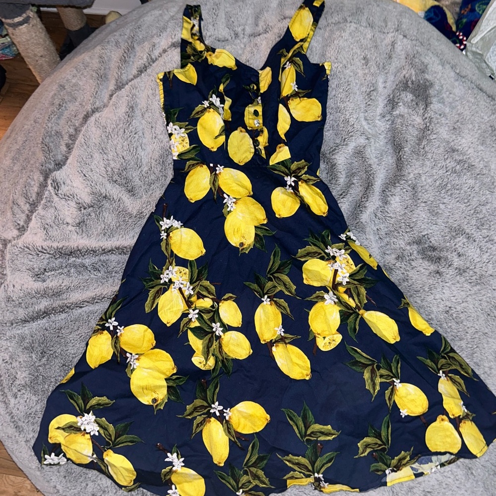 Lemon Print Navy Dress